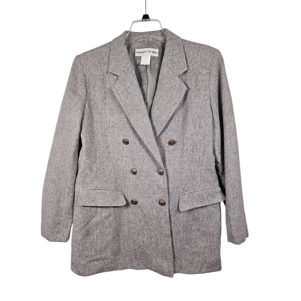Adolfo Studio Blazer Double Breasted Wool Tweed Grey Womens Size 12